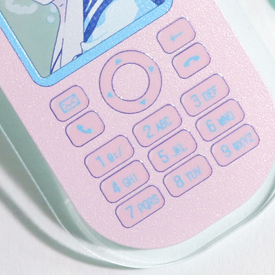 アクリルキーホルダー制作見本-ガラケーアクキーの本体の印刷面アップ（クリアインク）