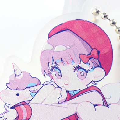 アクリルキーホルダー制作見本-ゆめかわイラストアクキーの本体の印刷面アップ（クリアインク）